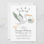 Invitation Bébé sur le chemin mignon cigogne Sage Baby shower (Devant)