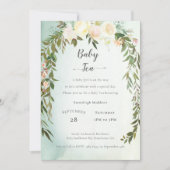 Invitation Bébé Thé Douche Vert Roses Blanches Floral (Devant)