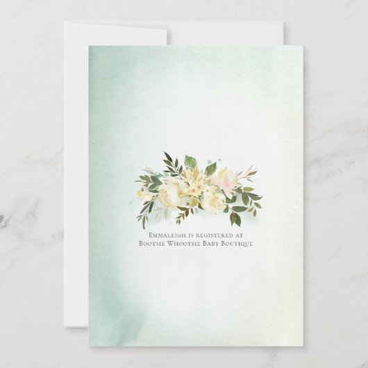 Invitation Bébé Thé Douche Vert Roses Blanches Floral (Dos)
