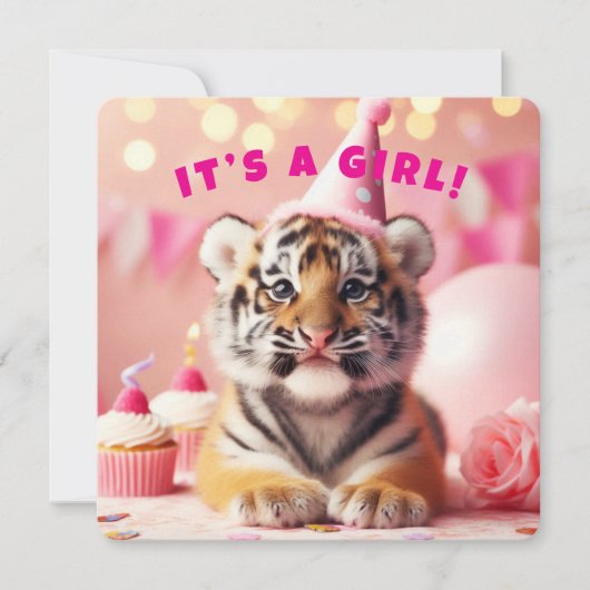 Invitation Bébé Tiger mignon bébé Révéler fille rose (Devant)