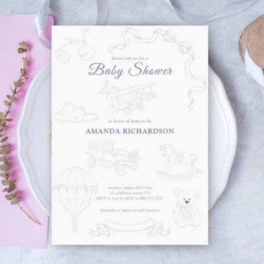 Invitation Bébé Toile de Jouy Fête de Naissance