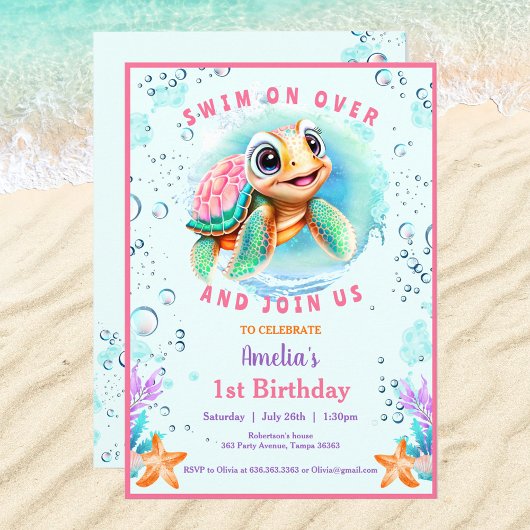 Invitation Bébé Tortue de mer fille sur mesure âge premier an