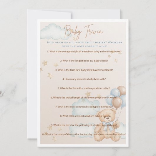 Invitation Bébé Trivia Jeu pour Baby shower garçon, Ours en p (Devant)