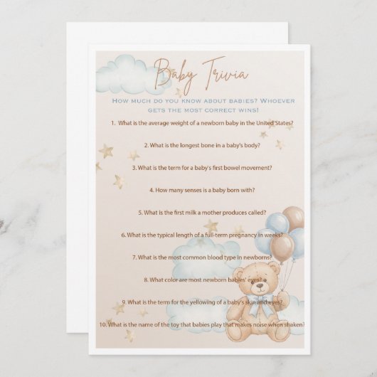 Invitation Bébé Trivia Jeu pour Baby shower garçon, Ours en p (Devant / Derrière)