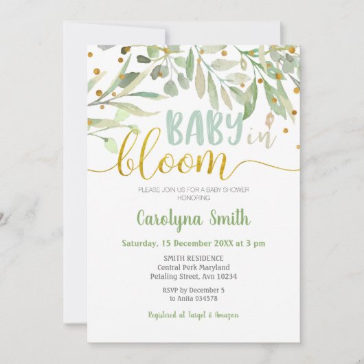 Invitation Bébé verdoyant dans douche fleurie (Devant)