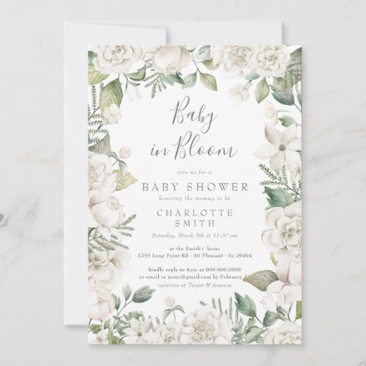 Invitation Bébé verdoyant En Fleur Baby shower Floral Blanc (Devant)