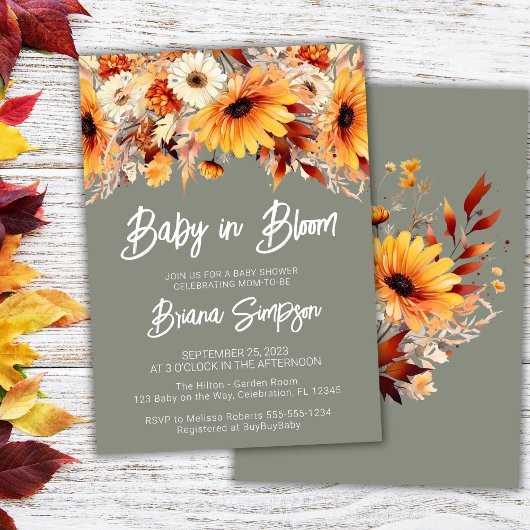Invitation Bébé vert en fleurs Fête de bébé automnale florale
