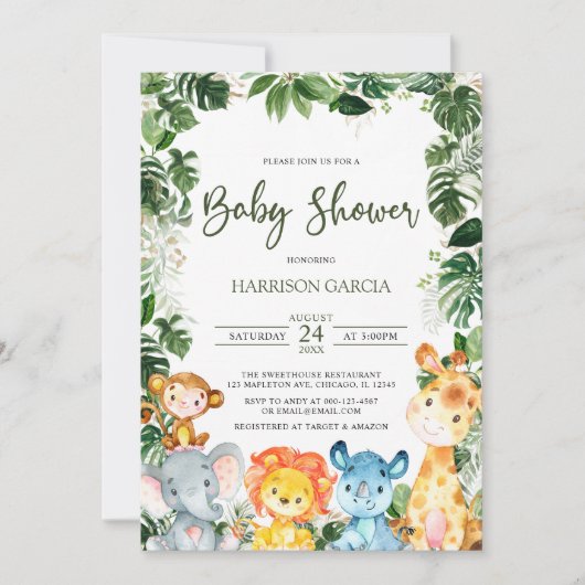 Invitation Bébé vert Garçon Safari Animaux Baby shower (Devant)