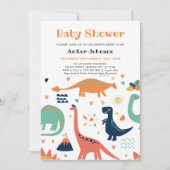 Invitation Bébé vert mignon orange Baby shower garçon Dinosau (Devant)