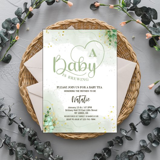 Invitation bébé vert sauge brasse baby shower de verdure