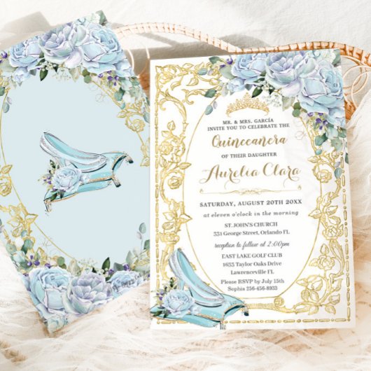 Invitation Bébé vintage Bleu Roses Cendrillon Quinceañera