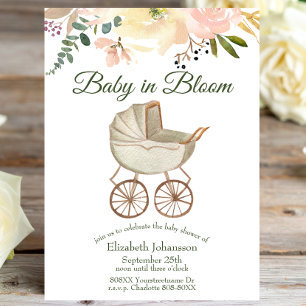 Invitation Bébé vintage buggy et floral bébé en fleur