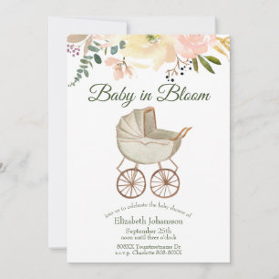 Invitation Bébé vintage buggy et floral bébé en fleur