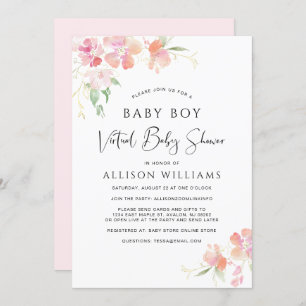 Invitation Bébé virtuel Douche garçon rose Floral Aquarelle
