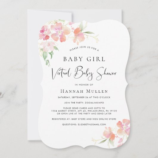 Invitation Bébé virtuel Douche rose Floral Aquarelle (Devant)