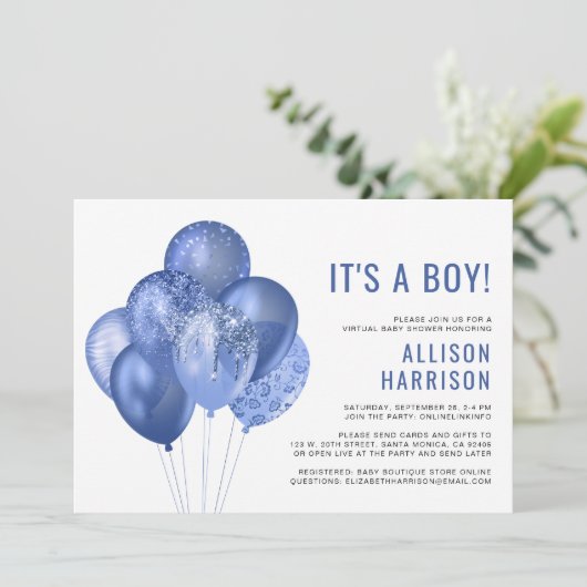 Invitation Bébé virtuel garçon douche Bleu Parties scintillan (Debout devant)