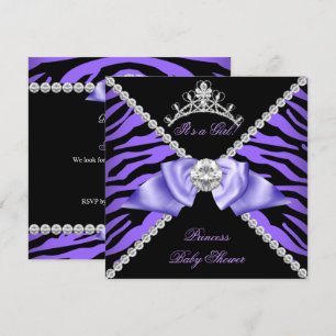 Invitation Bébé Zèbre Violet Fille Couronne Princesse Diamant