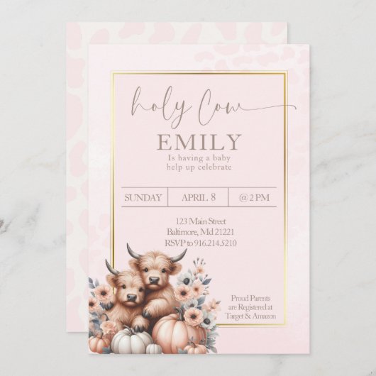 Invitation Bébée Bébée de vache rose rousse (Devant / Derrière)