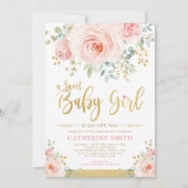 Invitation Bébée douce Fille rousse Pink Gold Floral Baby sho (Devant)
