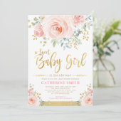 Invitation Bébée douce Fille rousse Pink Gold Floral Baby sho (Debout devant)