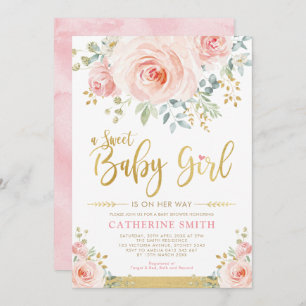 Invitation Bébée douce Fille rousse Pink Gold Floral Baby sho