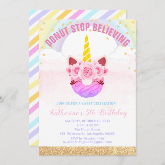 Invitation Bébée fille Unicorn Ne croyez plus à l'anniversair (Devant / Derrière)