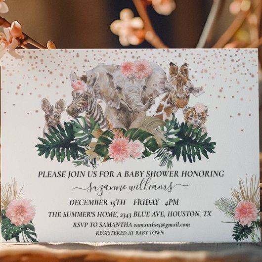 Invitation Bébés Animaux de Safari Douche Rose Jungle