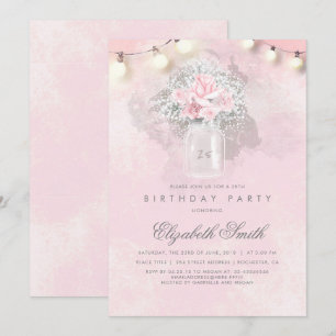 Invitation Bébé's Breath and Pink Roses Rustic Birthday Party