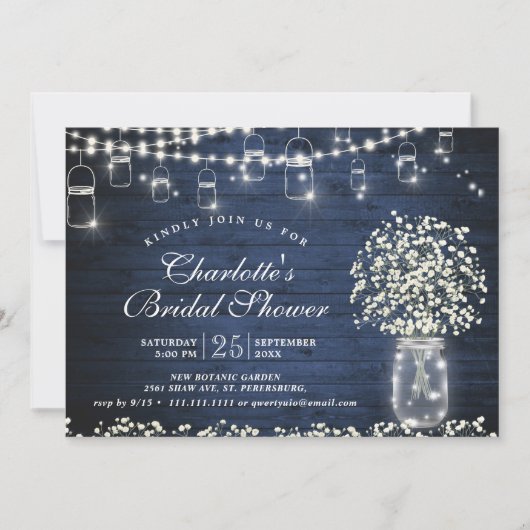 Invitation Bébé's Breath Mason Jar Bleu Fête des mariées rust (Devant)