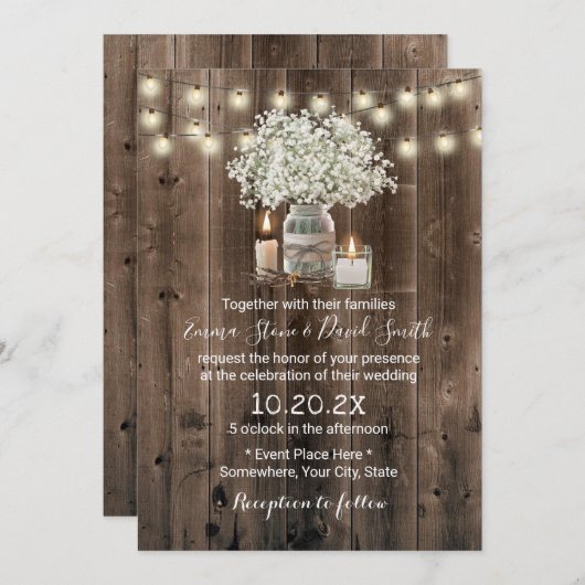 Invitation Bébé's Breath Mason Jar & bougies Mariage rustique (Devant / Derrière)