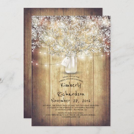 Invitation Bébé's Breath Mason Jar Rustic Barn Fête des marié (Devant / Derrière)