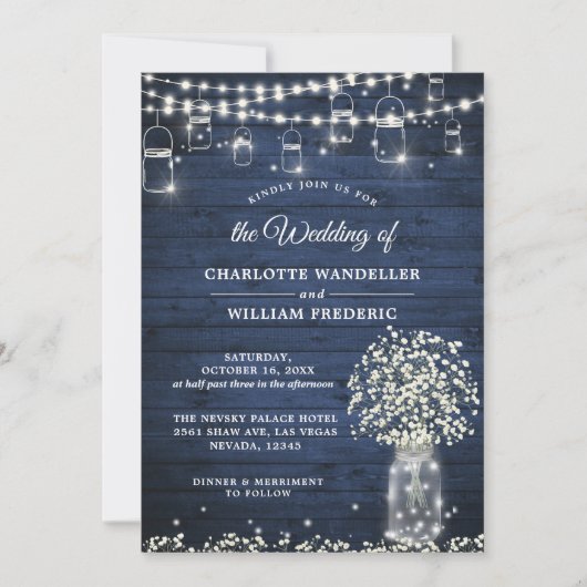 Invitation Bébé's Breath Mason Jar Rustic Blue Wood Mariage (Devant)