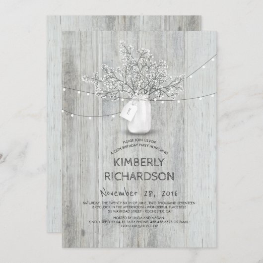 Invitation Bébé's Breath Mason Jar Rustic Grange fête d'anniv (Devant / Derrière)
