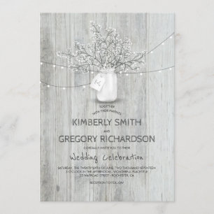 Invitation Bébé's Breath Mason Jar Rustic Grange Lumières Mar
