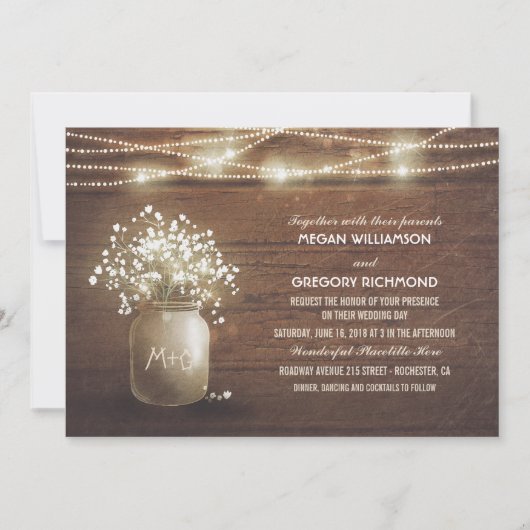 Invitation Bébé's Breath Mason Jar Rustic Vintage Wedding (Devant)