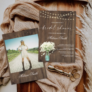 Invitation Bébé's Breath Mason Jar Rustic Wood Fête des marié