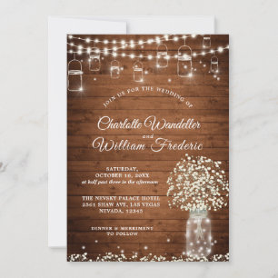 Invitation Bébé's Breath Mason Jar Rustic Wood Mariage