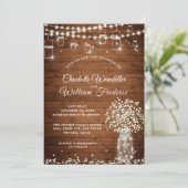 Invitation Bébé's Breath Mason Jar Rustic Wood Mariage (Debout devant)