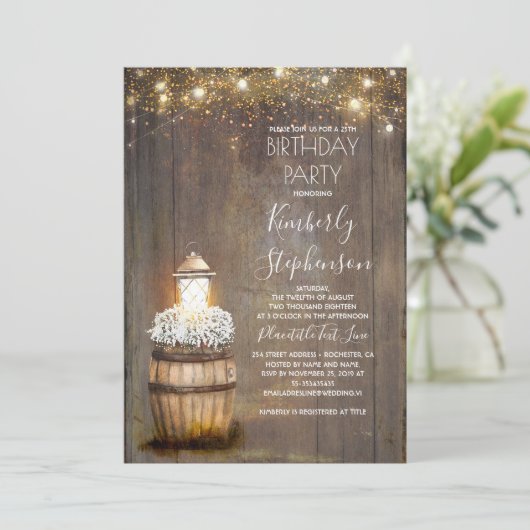 Invitation Bébé's Breath Rustic Lantern Pays Anniversaire (Debout devant)