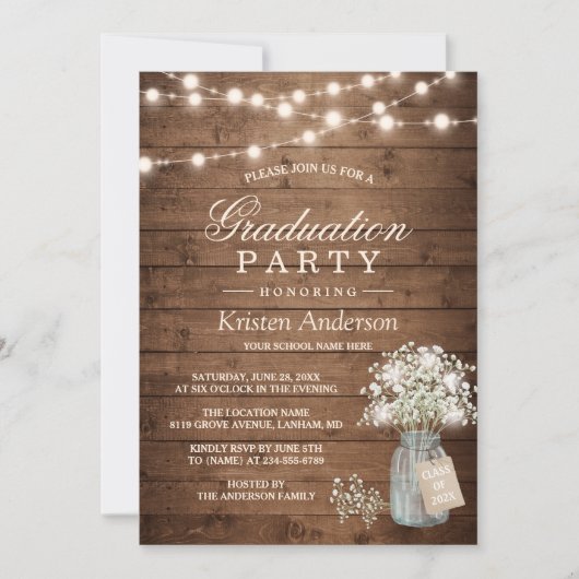 Invitation Bébé's Breath Rustic String Light Graduation Party (Devant)