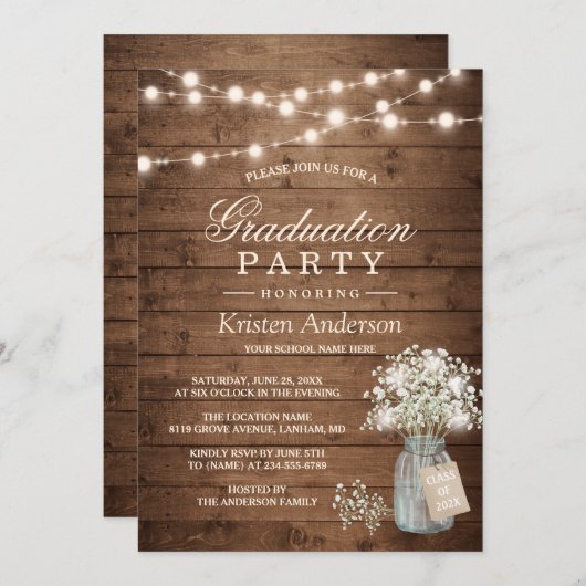 Invitation Bébé's Breath Rustic String Light Graduation Party (Devant / Derrière)