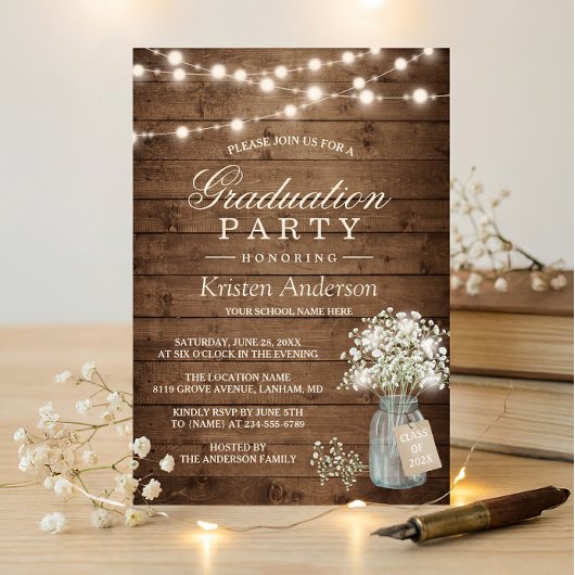 Invitation Bébé's Breath Rustic String Light Graduation Party