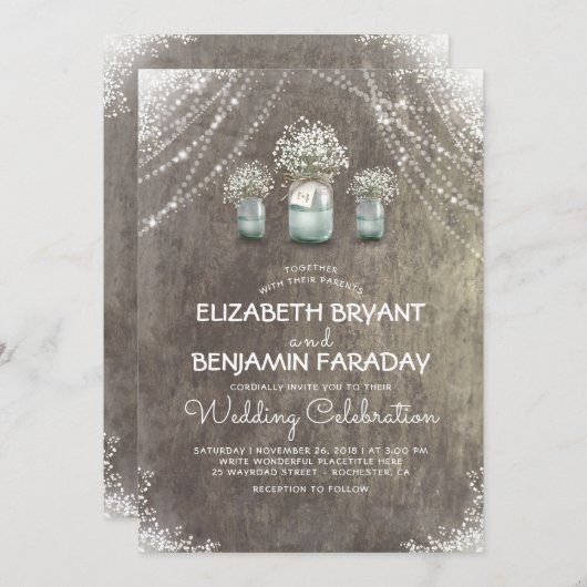 Invitation Bébé's Breath Rustic String Lights Barn Mariage (Devant / Derrière)