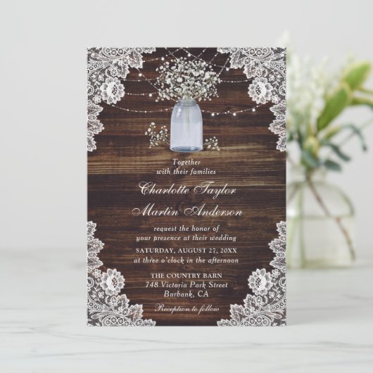 Invitation Bébé's Breath Rustic Wood Lace Mariage (Debout devant)