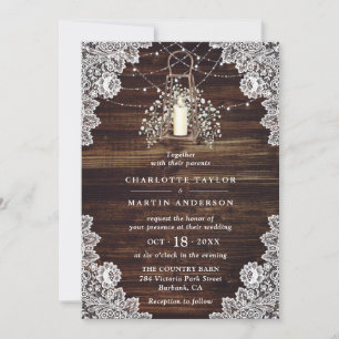 Invitation Bébé's Breath Rustic Wood Lights Lantern Mariage