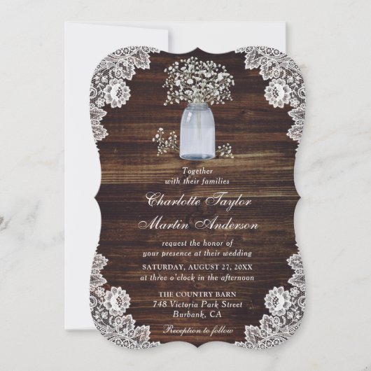 Invitation Bébé's Breath Rustic Wood Lights Mason Jar Mariage (Devant)