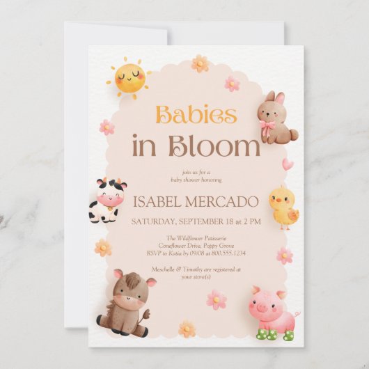 Invitation Bébés en fleur Baby shower d'animaux de ferme (Devant)