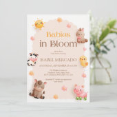 Invitation Bébés en fleur Baby shower d'animaux de ferme (Debout devant)