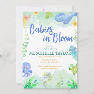 Invitation Bébés en fleur sous le Baby shower bleu marine