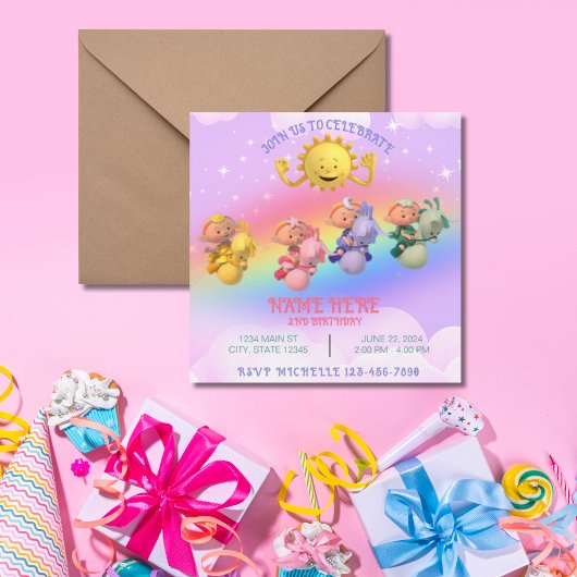 Invitation Bébés Nuages Anniversaire Arc-en-ciel Pastel Solei